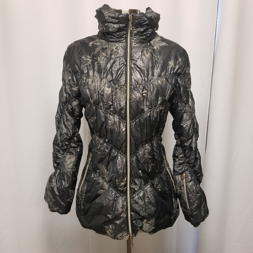 MDC Doris Pfister Puffer Jacket Paris Print‎ Twisted sleeve Metallic Womans Sz 6